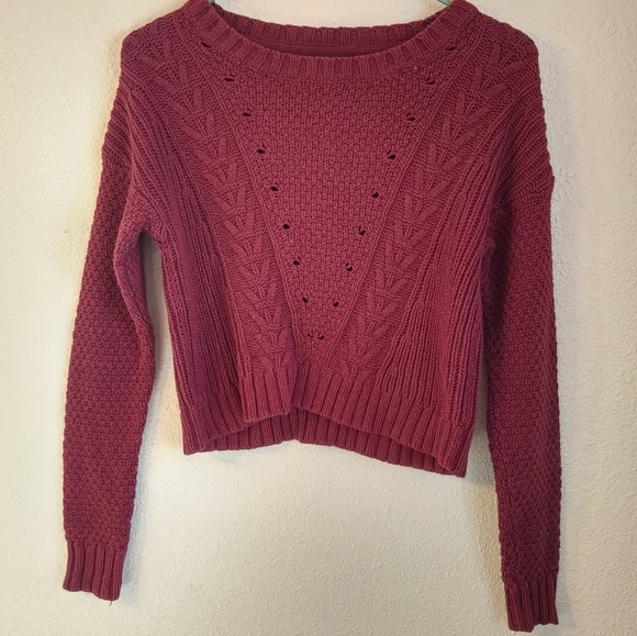 Crop Cable Knit Sweater Burgundy Pink Cotton Blend SO Heritage - Picture 4 of 8